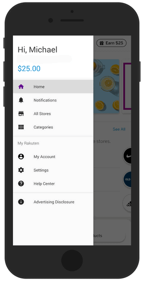 Rakuten App Menu Options