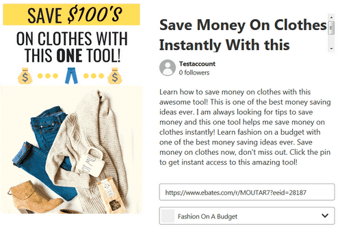 Example of creating an affiliate pin on pinterest to make money on pinterest without a blog